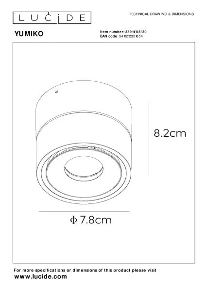 Lucide YUMIKO - Spot plafond - Ø 7,8 cm - LED Dim. - 1x10W 2700K - Noir - TECHNISCH